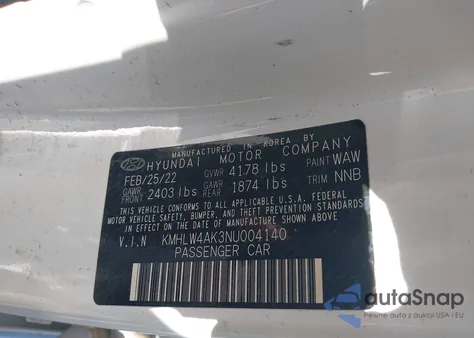 2022 Hyundai Elantra N z USA, uszkodzony, nr VIN KMHLW4AK3NU004140